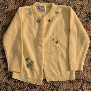 Vintage Kids Yellow Cardigan with Blue Floral Embroidery